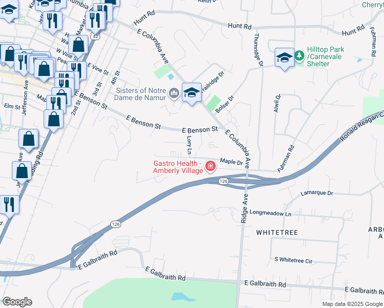 map of restaurants, bars, coffee shops, grocery stores, and more near 793 Kenray Court in Cincinnati