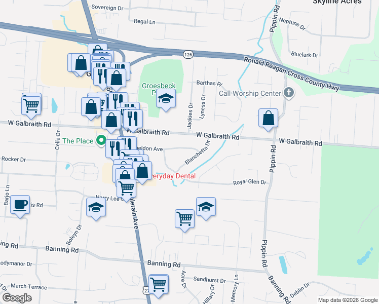 map of restaurants, bars, coffee shops, grocery stores, and more near 2856 Sheldon Avenue in Cincinnati