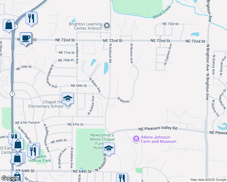 map of restaurants, bars, coffee shops, grocery stores, and more near 6905 Northeast Antioch Road in Gladstone