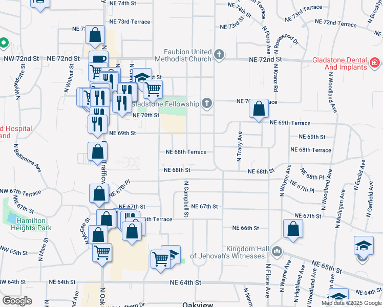 map of restaurants, bars, coffee shops, grocery stores, and more near 6813 North Campbell Street in Kansas City