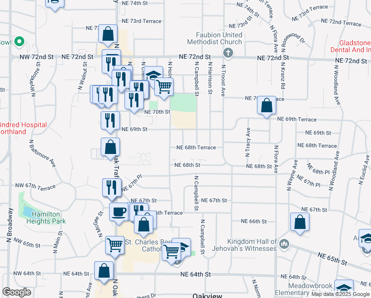 map of restaurants, bars, coffee shops, grocery stores, and more near 6822 North Charlotte Street in Kansas City