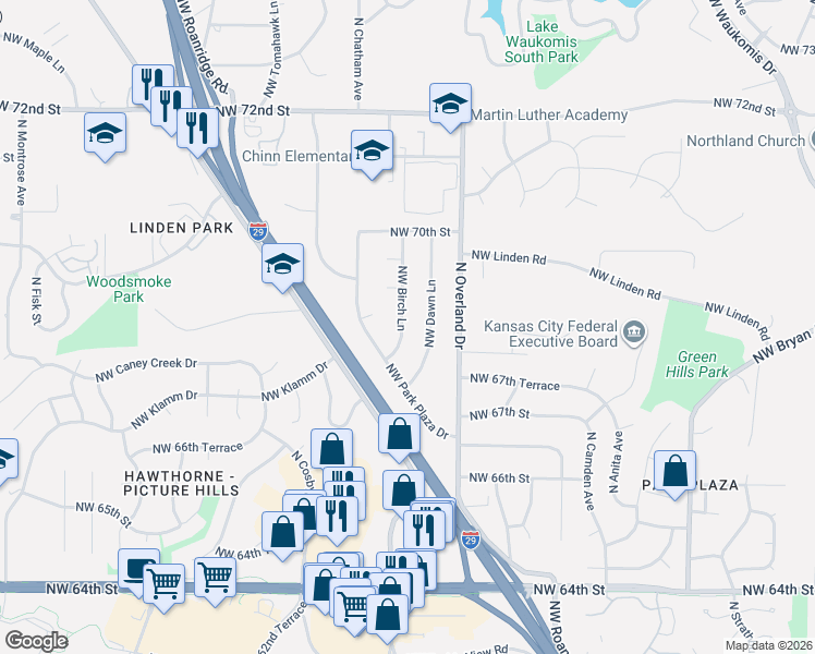 map of restaurants, bars, coffee shops, grocery stores, and more near 6825 Northwest Birch Lane in Kansas City