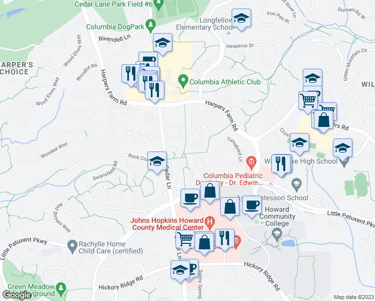 map of restaurants, bars, coffee shops, grocery stores, and more near 5539 Green Dory Lane in Columbia