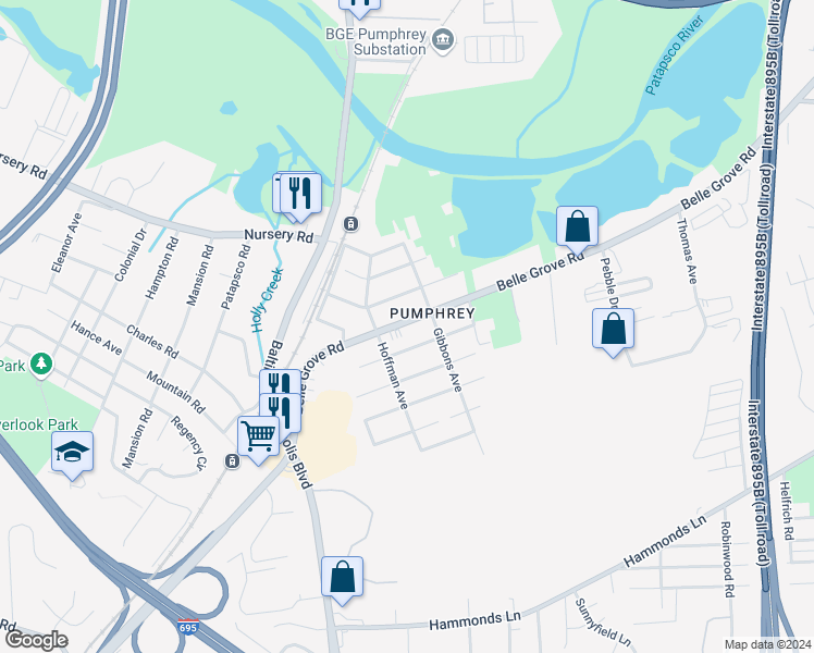 map of restaurants, bars, coffee shops, grocery stores, and more near 5919 Belle Grove Road in Baltimore