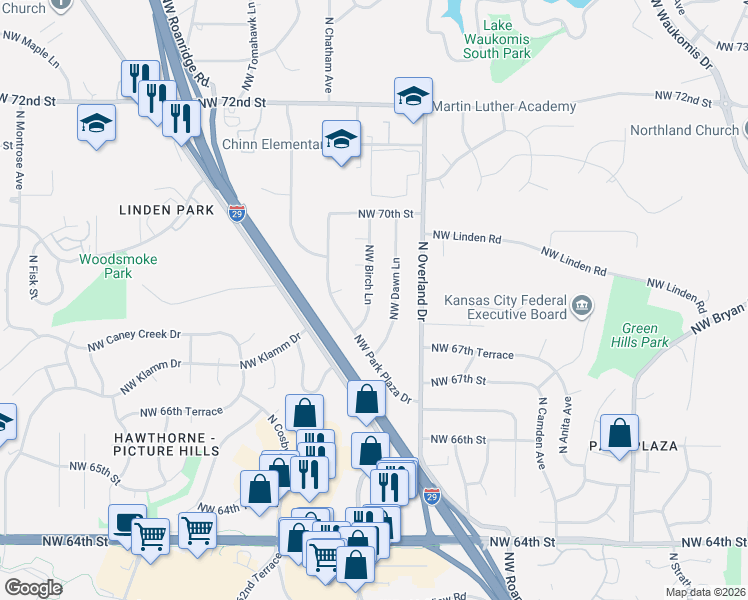 map of restaurants, bars, coffee shops, grocery stores, and more near 6825 Northwest Birch Lane in Kansas City