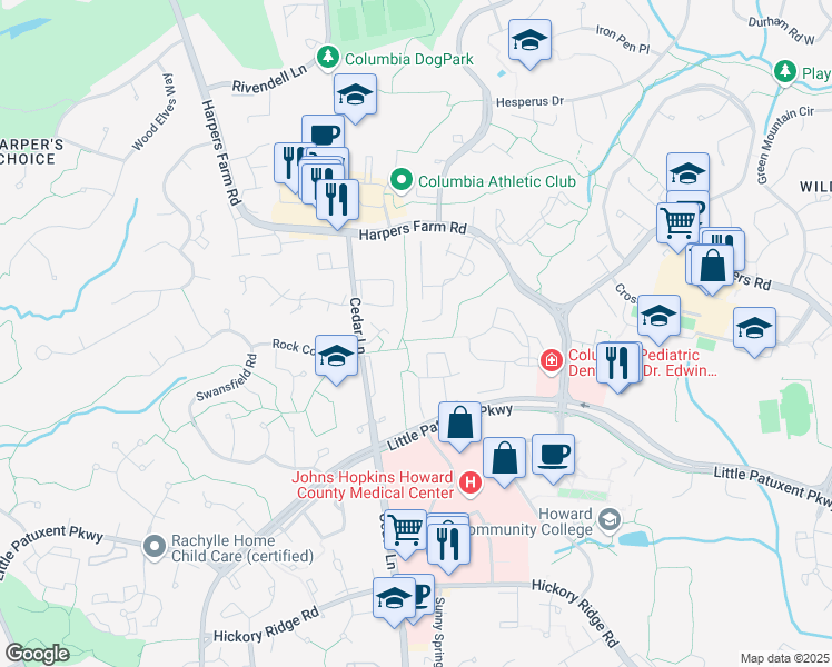 map of restaurants, bars, coffee shops, grocery stores, and more near 5533 Green Dory Lane in Columbia