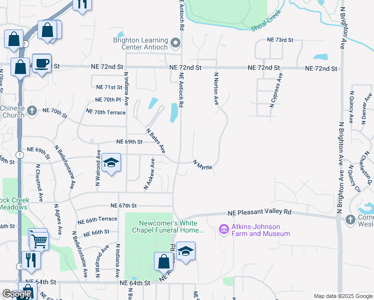 map of restaurants, bars, coffee shops, grocery stores, and more near 6905 Northeast Antioch Road in Gladstone