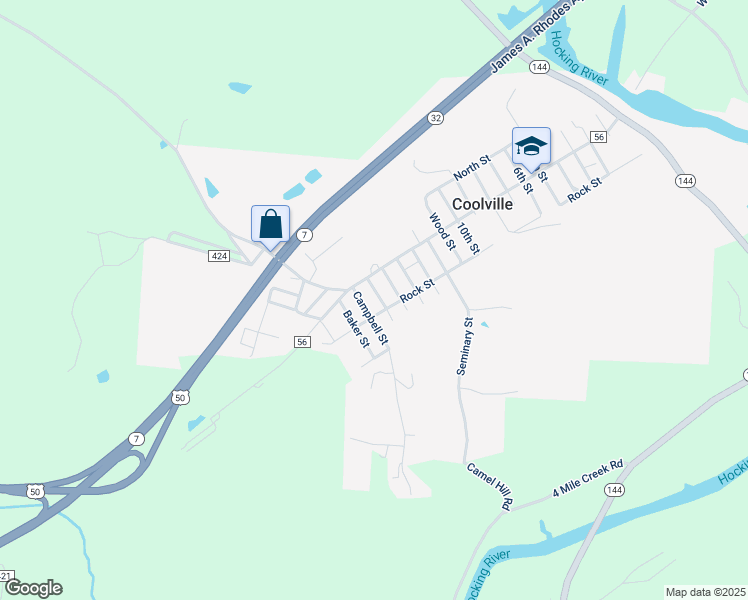 map of restaurants, bars, coffee shops, grocery stores, and more near 19 Main Street in Coolville