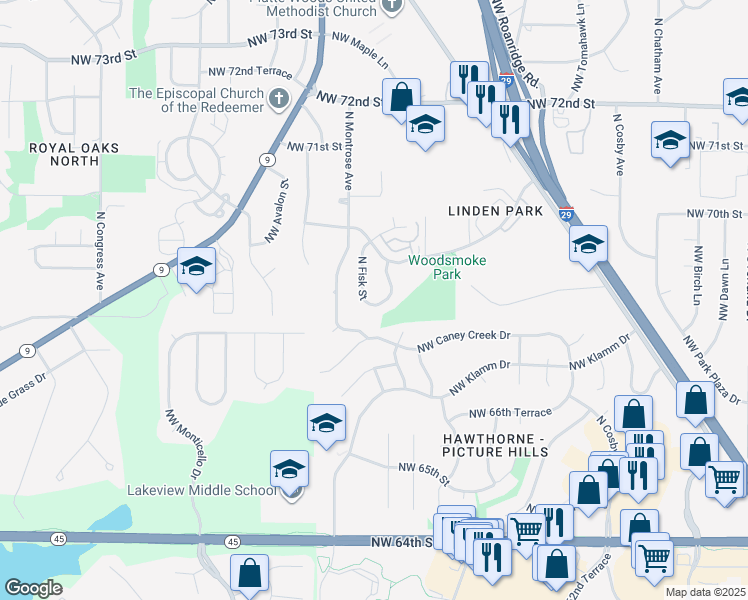 map of restaurants, bars, coffee shops, grocery stores, and more near 6818 Northwest Mokane Avenue in Kansas City