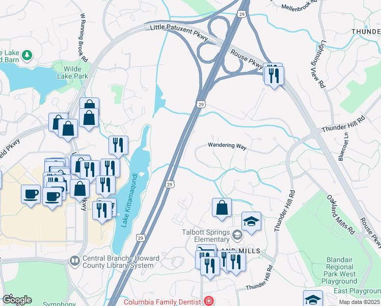 map of restaurants, bars, coffee shops, grocery stores, and more near 9528 Wandering Way in Columbia