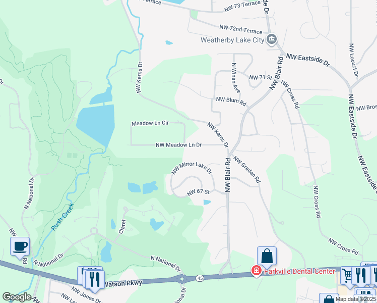 map of restaurants, bars, coffee shops, grocery stores, and more near 10243 Northwest Meadow Lane Drive in Parkville