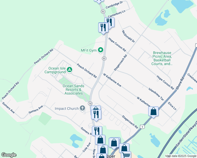 map of restaurants, bars, coffee shops, grocery stores, and more near in Upper Township
