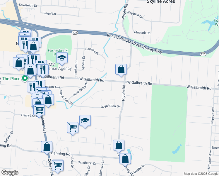 map of restaurants, bars, coffee shops, grocery stores, and more near 2625 Galbraith Road in Cincinnati