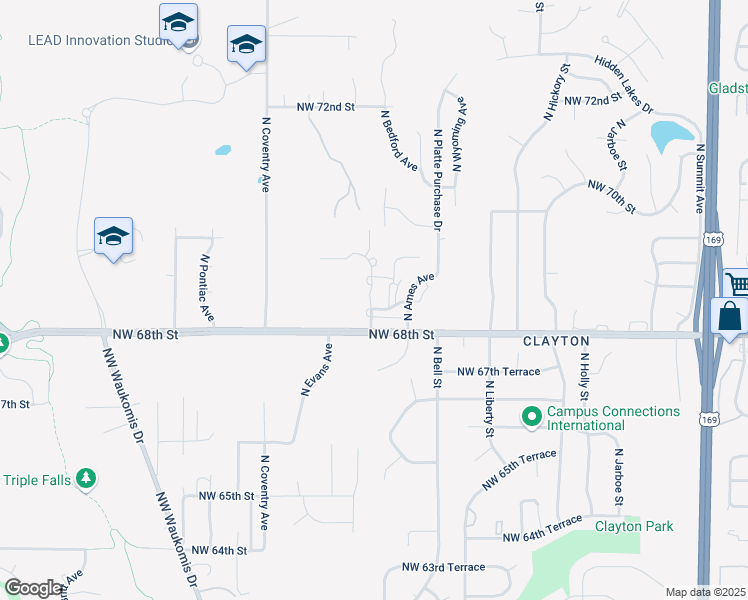 map of restaurants, bars, coffee shops, grocery stores, and more near 6835 North Bedford Avenue in Kansas City