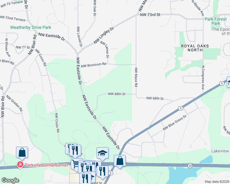 map of restaurants, bars, coffee shops, grocery stores, and more near 8412 Northwest 68th Street in Parkville