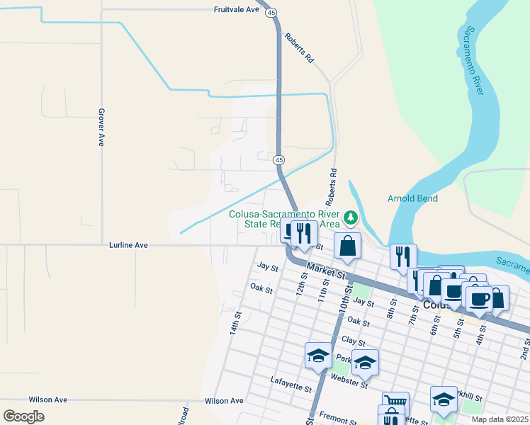 map of restaurants, bars, coffee shops, grocery stores, and more near 1450 Lake Avenue in Colusa