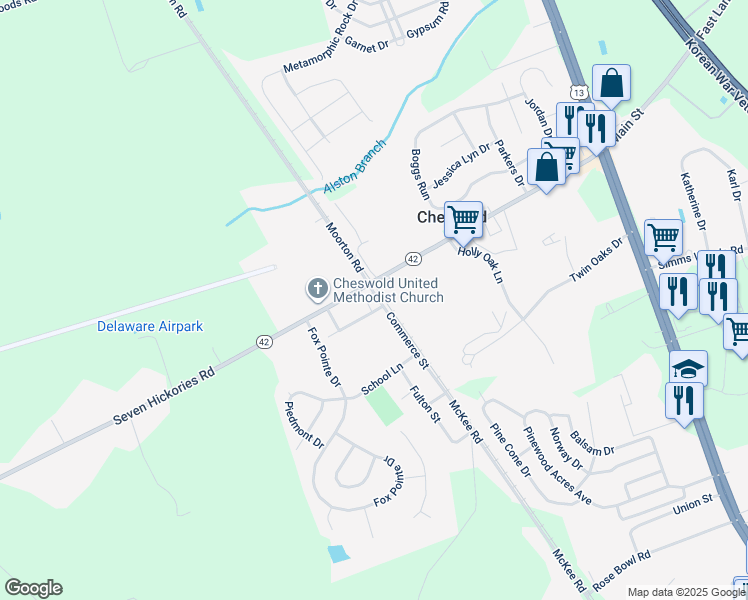 map of restaurants, bars, coffee shops, grocery stores, and more near 215 Commerce Street in Cheswold