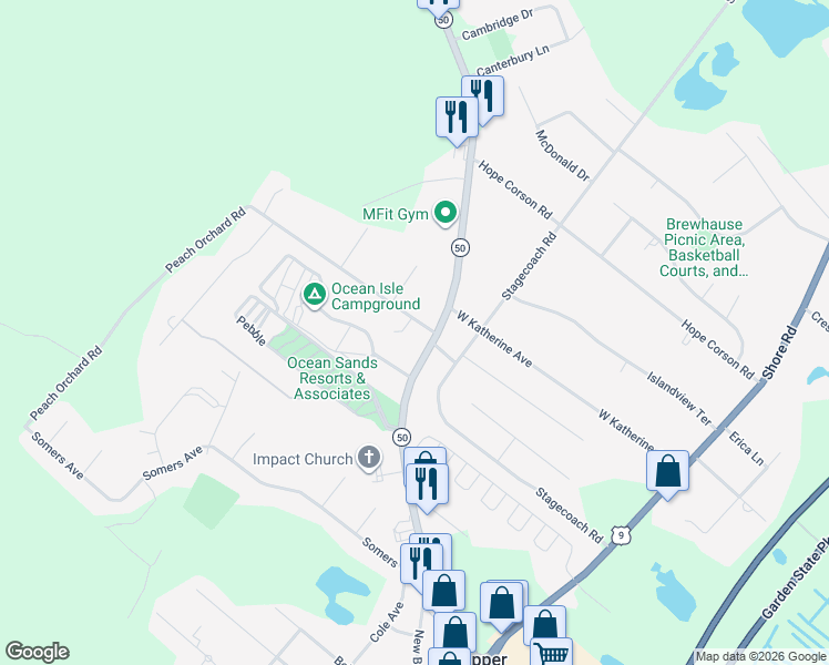 map of restaurants, bars, coffee shops, grocery stores, and more near 8 Peach Orchard Road in Ocean View