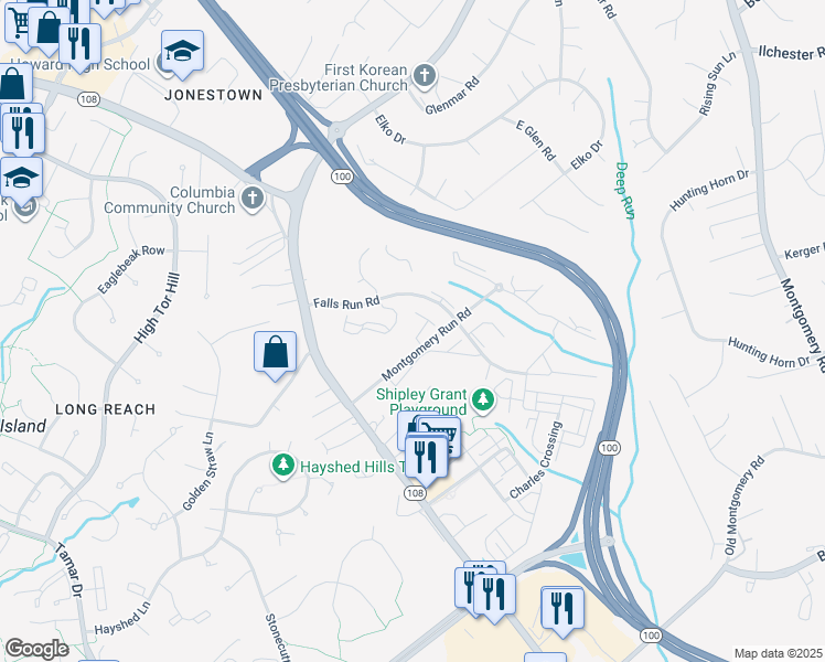 map of restaurants, bars, coffee shops, grocery stores, and more near 8390 Montgomery Run Road in Ellicott City