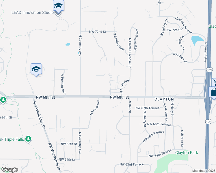 map of restaurants, bars, coffee shops, grocery stores, and more near 6834 North Bedford Avenue in Kansas City