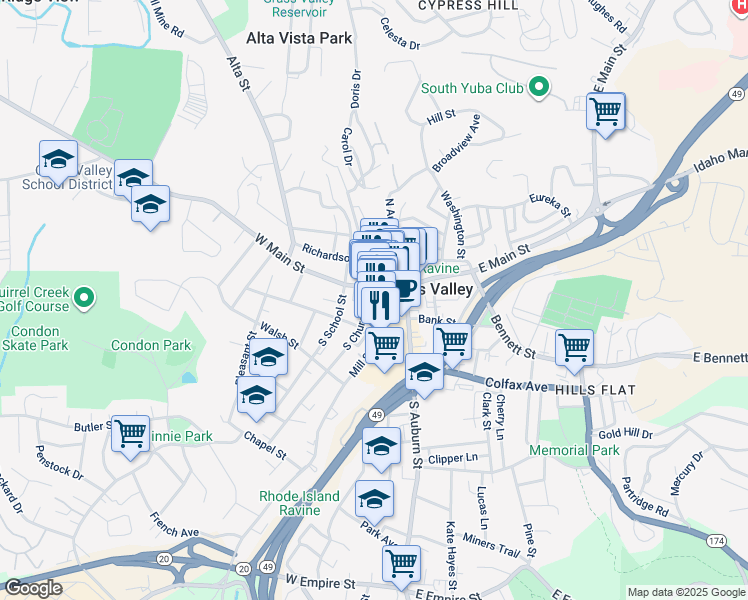 map of restaurants, bars, coffee shops, grocery stores, and more near 213 West Main Street in Grass Valley