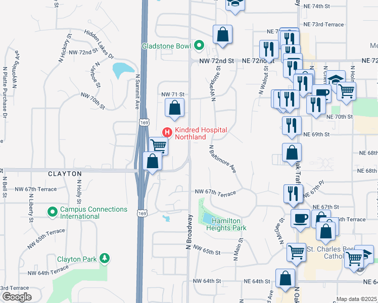 map of restaurants, bars, coffee shops, grocery stores, and more near 6903 Salt Rock Road in Gladstone