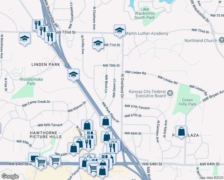 map of restaurants, bars, coffee shops, grocery stores, and more near 6825 Northwest Birch Lane in Kansas City