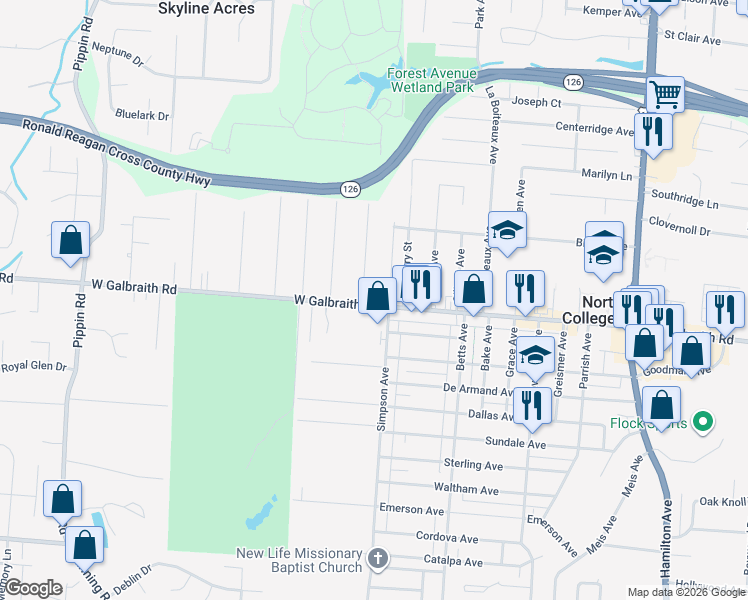 map of restaurants, bars, coffee shops, grocery stores, and more near 2010 Galbraith Road in Cincinnati