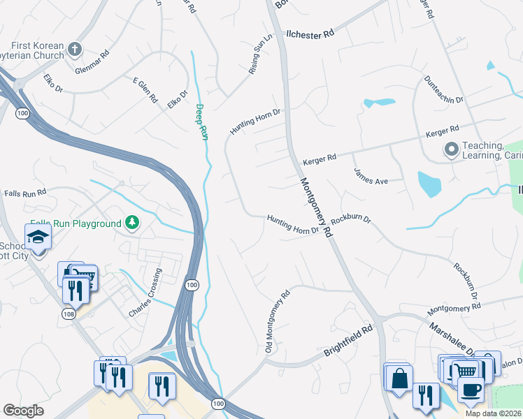 map of restaurants, bars, coffee shops, grocery stores, and more near 5559 Hunting Horn Drive in Ellicott City