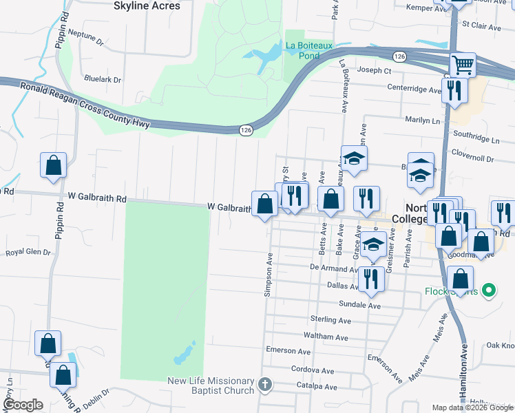 map of restaurants, bars, coffee shops, grocery stores, and more near 2010 West Galbraith Road in North College Hill