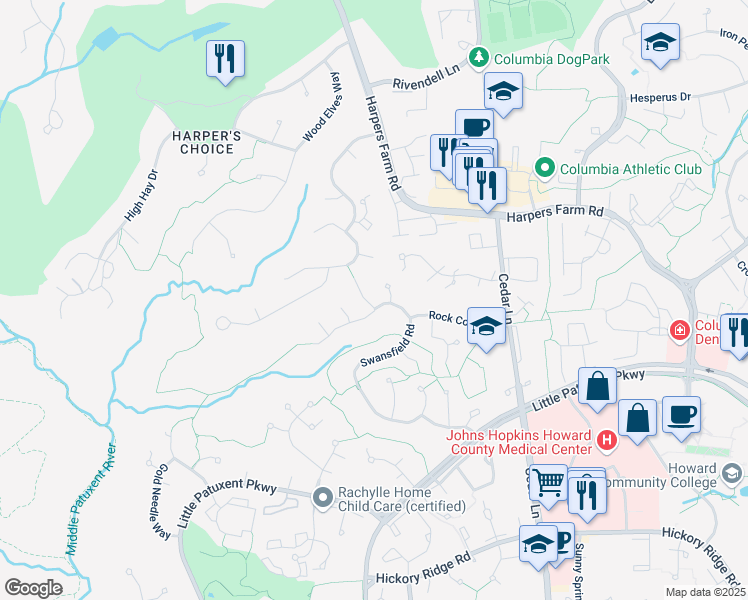 map of restaurants, bars, coffee shops, grocery stores, and more near 5511 Harvest Scene Court in Columbia