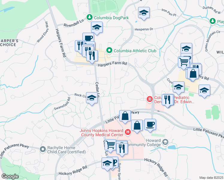 map of restaurants, bars, coffee shops, grocery stores, and more near 5548 Green Dory Lane in Columbia