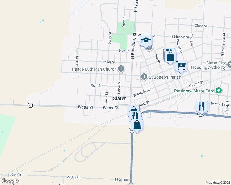map of restaurants, bars, coffee shops, grocery stores, and more near 200-298 Porter Street in Slater