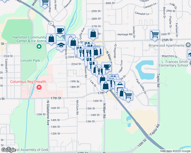 map of restaurants, bars, coffee shops, grocery stores, and more near 2030 North National Road in Columbus