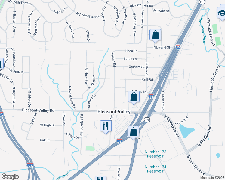 map of restaurants, bars, coffee shops, grocery stores, and more near 8402 Lavern Road in Pleasant Valley