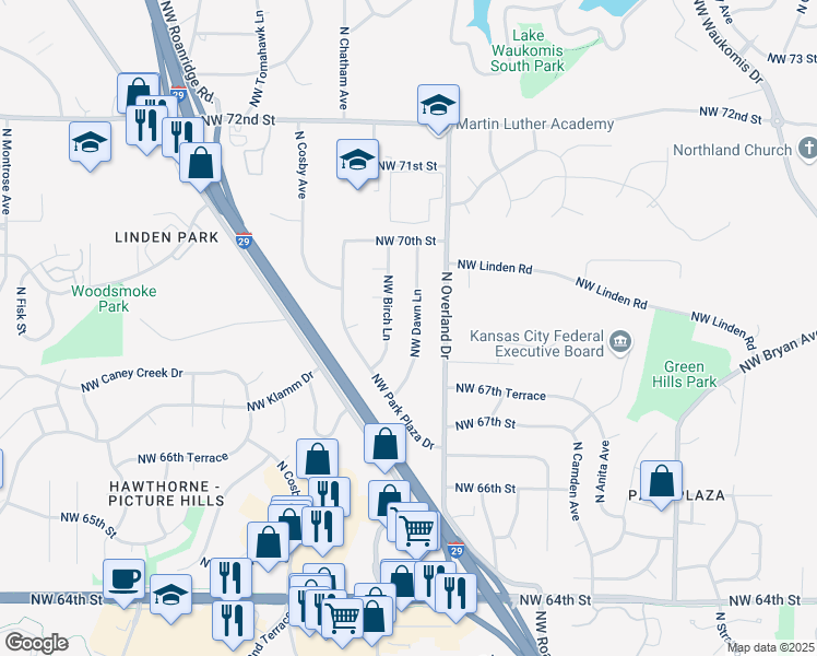 map of restaurants, bars, coffee shops, grocery stores, and more near 6825 Northwest Birch Lane in Kansas City