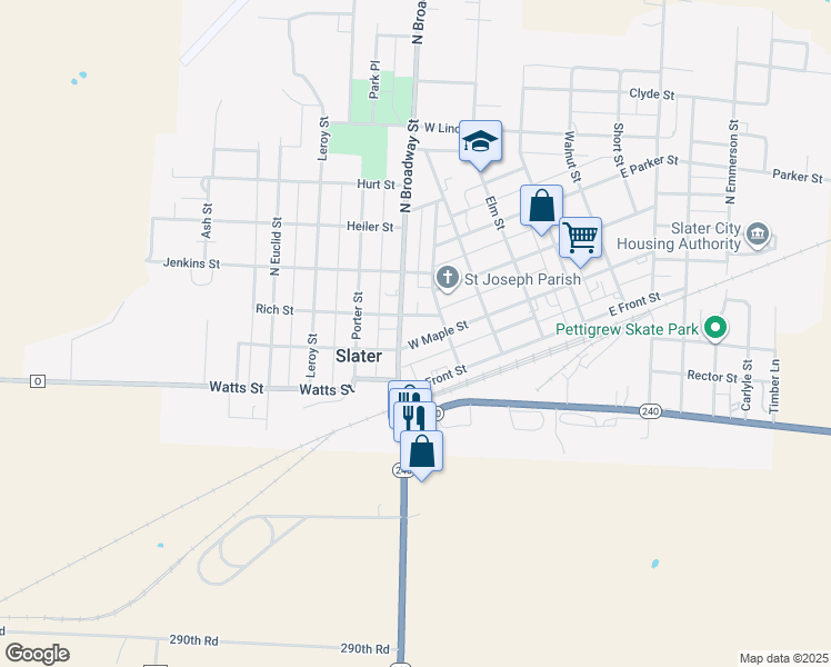 map of restaurants, bars, coffee shops, grocery stores, and more near 515 Rich Street in Slater