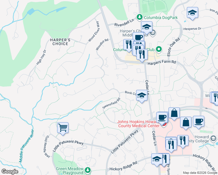 map of restaurants, bars, coffee shops, grocery stores, and more near 5511 Harvest Scene Court in Columbia