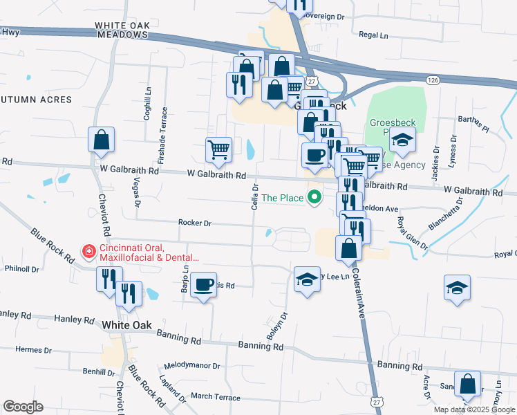 map of restaurants, bars, coffee shops, grocery stores, and more near 3317 Dolomar Drive in Cincinnati