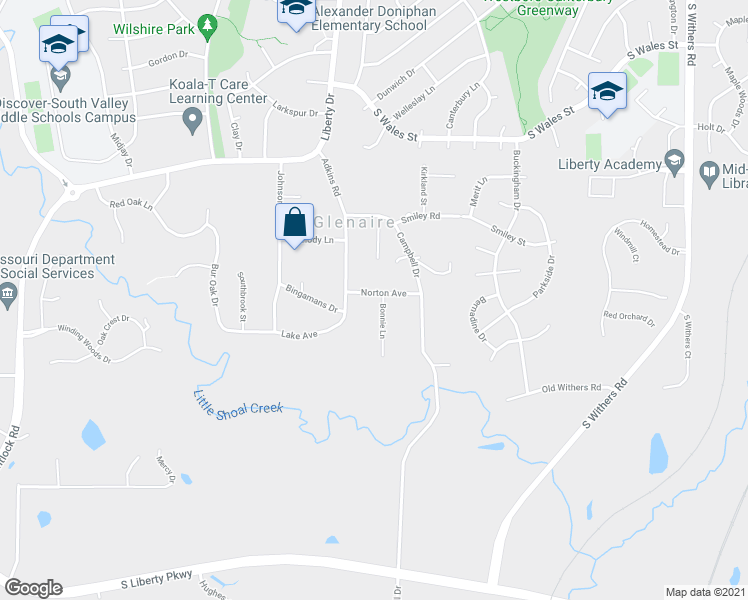 map of restaurants, bars, coffee shops, grocery stores, and more near 305 Norton Avenue in Liberty
