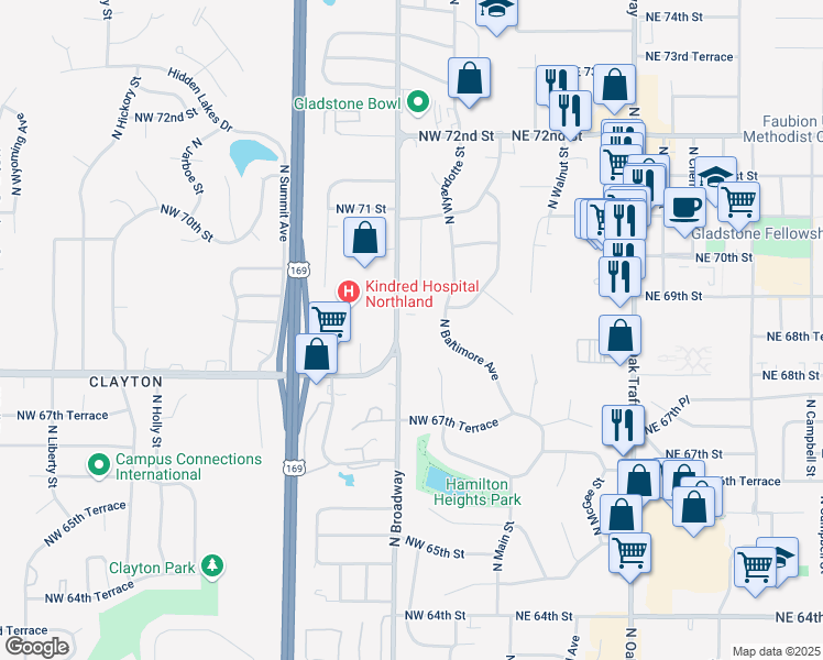 map of restaurants, bars, coffee shops, grocery stores, and more near 6903 Salt Rock Road in Gladstone