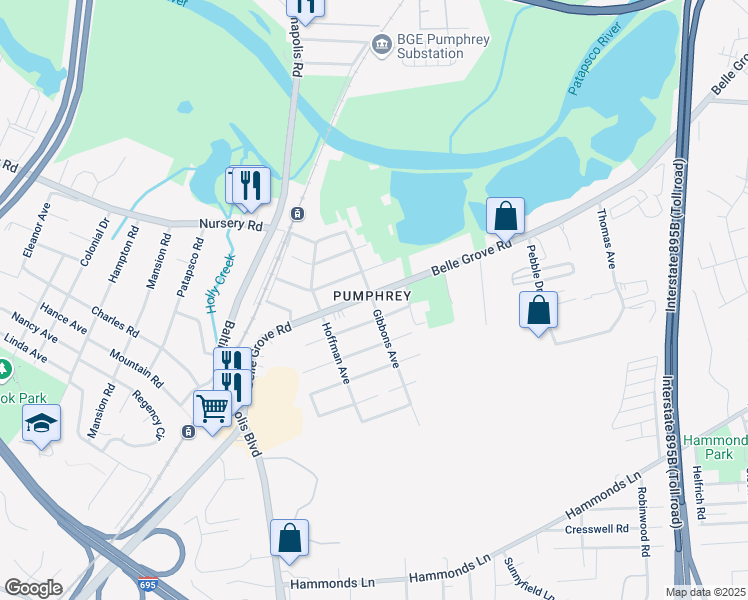 map of restaurants, bars, coffee shops, grocery stores, and more near 5825 Belle Grove Road in Pumphrey