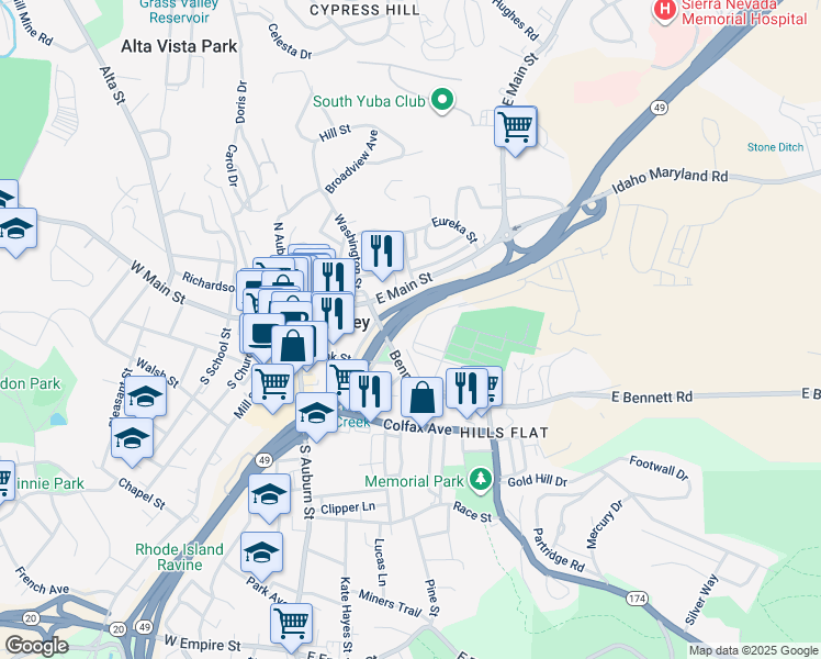map of restaurants, bars, coffee shops, grocery stores, and more near 404 Maryland Drive in Grass Valley