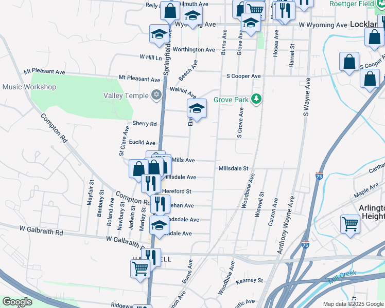 map of restaurants, bars, coffee shops, grocery stores, and more near 10 Elm Avenue in Cincinnati