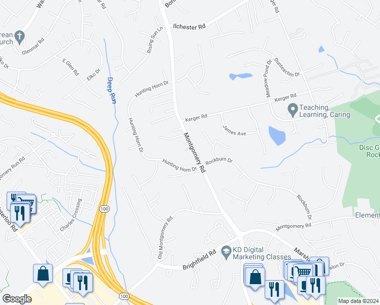 map of restaurants, bars, coffee shops, grocery stores, and more near 5522 Montgomery Road in Ellicott City