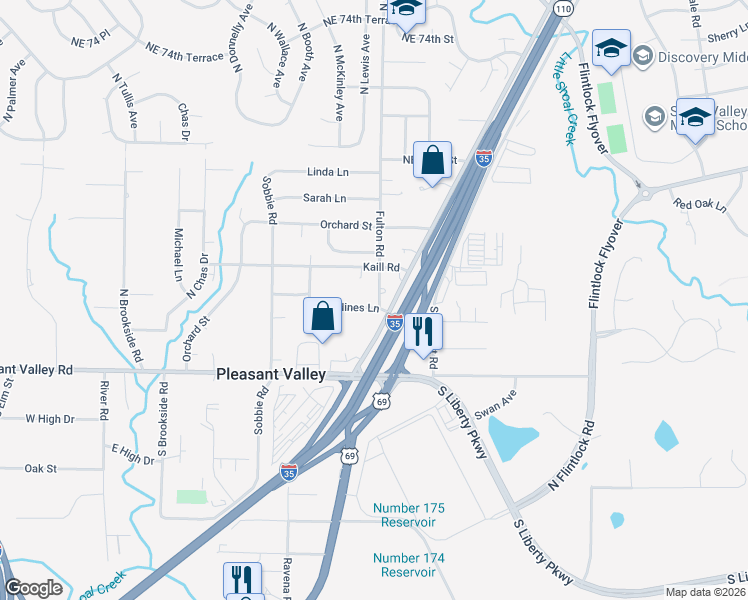 map of restaurants, bars, coffee shops, grocery stores, and more near 6901 Fulton Road in Pleasant Valley