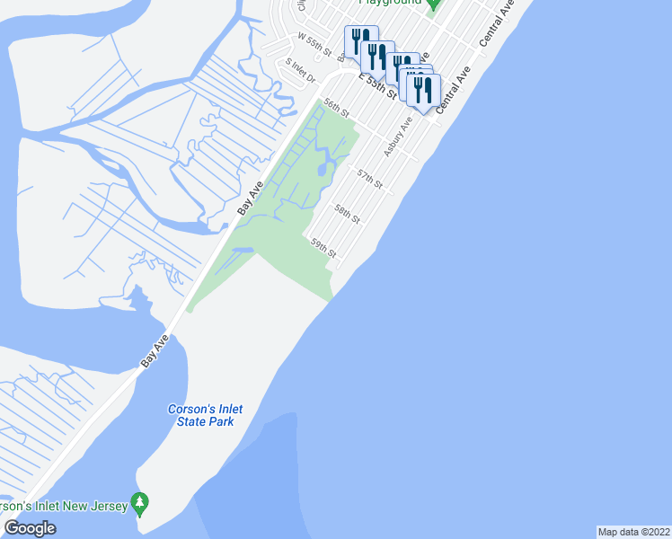 map of restaurants, bars, coffee shops, grocery stores, and more near 8226 Central Avenue in Ocean City