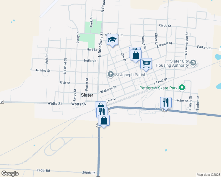 map of restaurants, bars, coffee shops, grocery stores, and more near 201 Locust Street in Slater