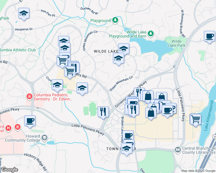 map of restaurants, bars, coffee shops, grocery stores, and more near 5541 Green Mountain Circle in Columbia