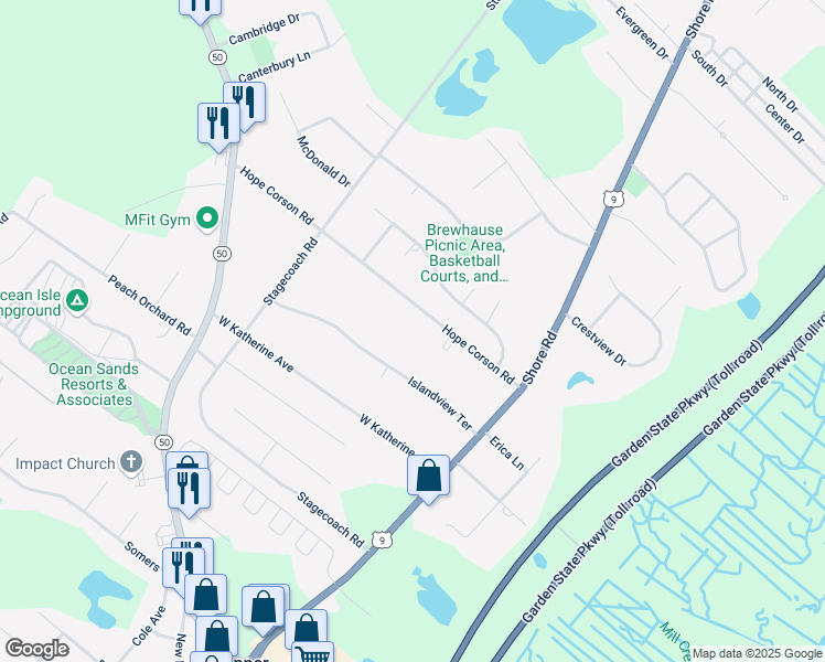 map of restaurants, bars, coffee shops, grocery stores, and more near 26 Hope Corson Road in Ocean View